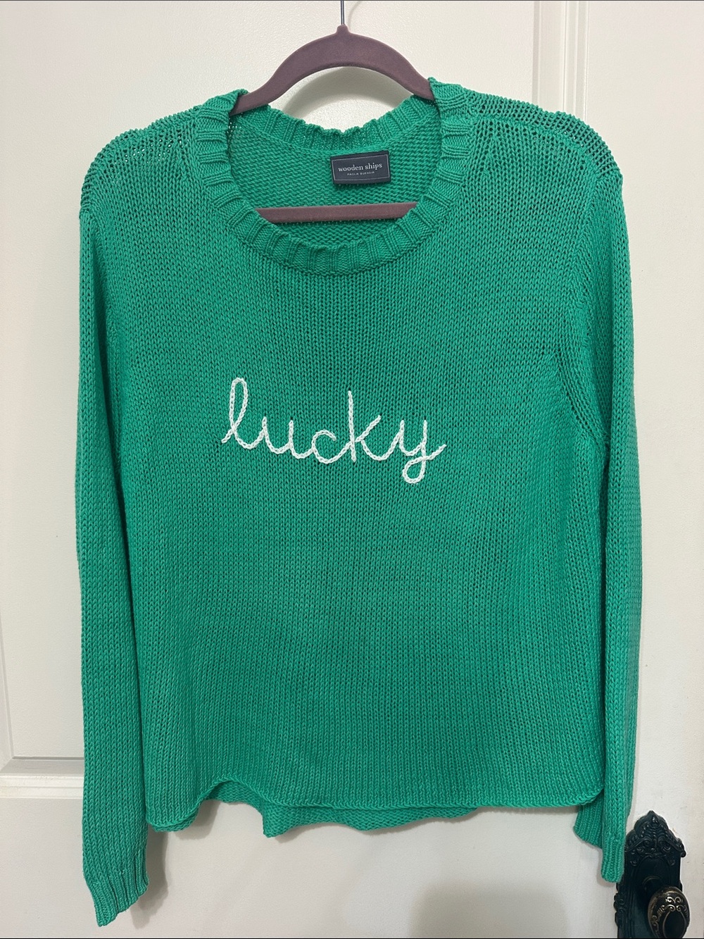 Wooden Ships Green Crewneck Sweater with "lucky" Script